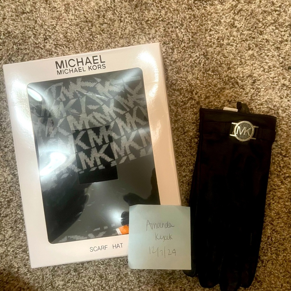 Michael Kors Leather Gloves and Hat/Scarf Set